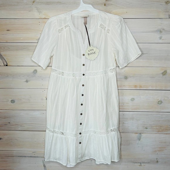 White Mid-length Prairie Dress Button Up with Eyelet Detailing - Picture 1 of 9